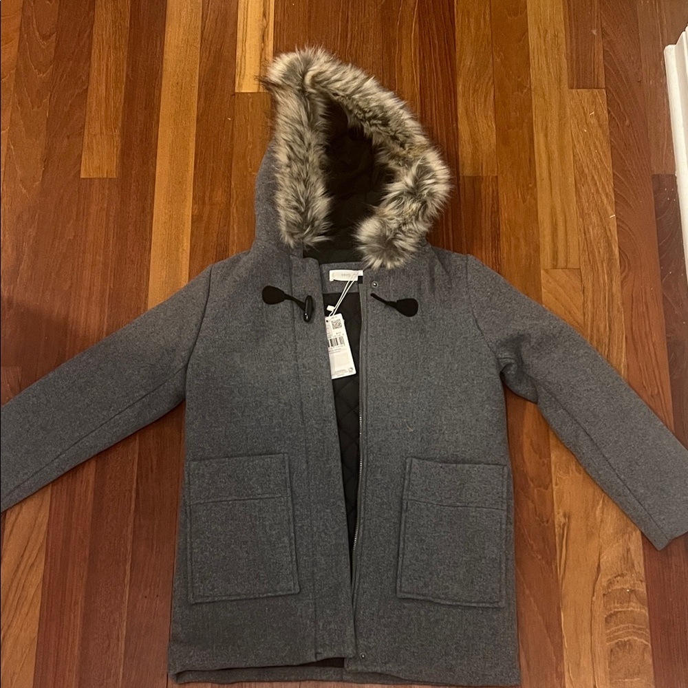Mango Charcoal Hooded Jacket with Faux Fur